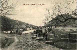 1912 Pilisszentlászló, utcakép, templom, üzletek. Kohn Dávid kiadása (EK)