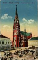 1918 Eszék, Osijek, Esseg; templom, piac, drogéria / crkva / Kirche / church, market, drogerie (EK)
