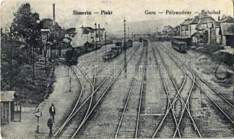 Piski, Simeria; vasútállomás gőzmozdonnyal és vonatokkal / Gara / Bahnhof / railway station with locomotive and trains (EK)