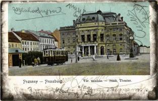 1903 Pozsony, Pressburg, Bratislava; városi színház, villamos / theatre, tram (szakadás / tear)