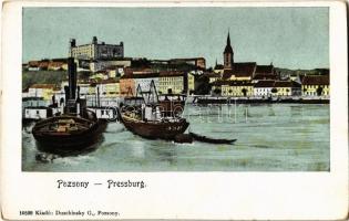 Pozsony, Pressburg, Bratislava; Duna, hajók, vár. Duschinsky G. / Dunaj, Danube, ships, castle