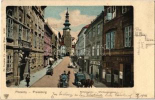 Pozsony, Pressburg, Bratislava; Mihály utca, Wimmer és Ignatz Lunzen üzlete / street view with shops