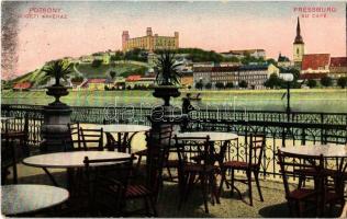 1909 Pozsony, Pressburg, Bratislava; Ligeti kávéház terasza, vár. Bediene dich allein / cafes terrace overlooking to the castle (EK)