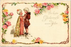 Die besten Glückwünsche zum neuen Jahre / New Year greeting art postcard, Theo. Stroefers KUnstverlag Aquarell Postkarte Serie XVI. 966. floral, litho