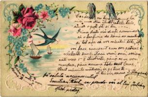 1901 Greeting card with swallows, sailboats. Art Nouveau, Emb. floral litho