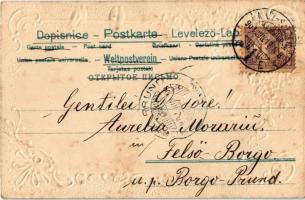 1901 Greeting card with swallows, sailboats. Art Nouveau, Emb. floral litho