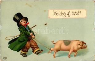 1911 Boldog Újévet! / New Year greeting card, boy with pig. EAS litho (EK)