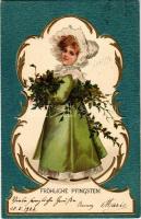 1903 Fröhliche Pfingsten / Pentecost greeting card with girl. Art Nouveau, Emb. litho