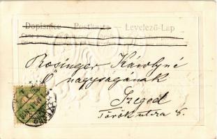 1904 Húsvéti üdvözlet / Easter greeting card, rabbit and chicken in an automobile. Art Nouveau, flor...