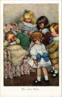 Die ersten Gäste / Children art postcard. M. Munk Wien Nr. 712. s: B. Pearse (tear in the middle)
