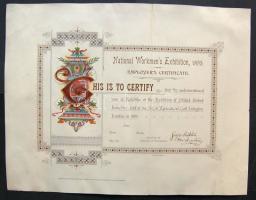 1893 Nemzeti Munkás Expo London szép litho oklevél (apró szakadások) / Natinal Workmens Expo (small tears) 38x30cm
