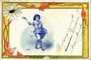 1899 Art Nouveau, floral litho art postcard with boy (surface damage)