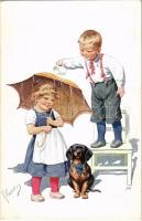 Children art postcard with dog. B.K.W.I. 454-1. s: K. Feiertag