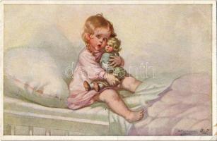 Little girl with doll. Wohlgemuth & Lissner Puppen-Mütterchen No. 1108. Primus-Postkarte s: Wally Fialkowska (EK)
