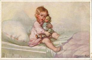 Little girl with doll. Wohlgemuth & Lissner "Puppen-Mütterchen" No. 1108. Primus-Postkarte s: Wally Fialkowska (EK)