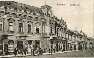 Losonc, Lucenec; Rákóczi utca, Kerekes Árpád és Tarjányi János üzlete, Redlinger Ignác könyvesboltja és saját kiadása / street view with shops