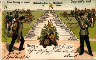 1908 Jeder Anfang ist schwer. Halbvollendete Dientszeit. Jetzt gehn ma! / Every beginning is hard German military humour, soldiers, German flag. litho (EK)