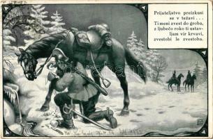 1914 Prijateljstvo preizkusi se v tezavi... / WWI Austro-Hungarian K.u.K. military, Slovenian soldier with his horse in winter, artist signed (EK)