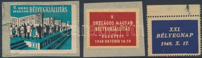 1948 Magyar Országos bélyegkiállítás 2 db levélzáró kivágáson + XXI. Bélyegnapi levélzáró