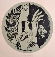 Reich Károly (1922-1988): Lány galambbal. Szitanyomat, papír, jelzett, foltos,, d:33 cm