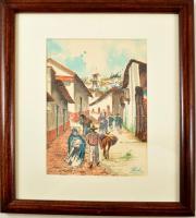 Ruisz György (1922-1994): Mexikói utcarészlet. Akvarell, papír, jelzett, üvegezett keretben, 25×17 cm