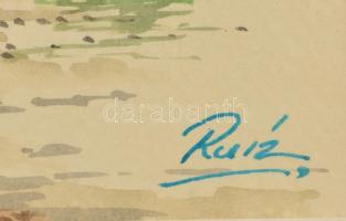 Ruisz György (1922-1994): Mexikói utcarészlet. Akvarell, papír, jelzett, üvegezett keretben, 25×17 c...