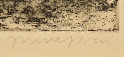 Imre István (1918-1983): Balatoni táj.  Rézkarc, papír, jelzett, üvegezett keretben, 28×39cm