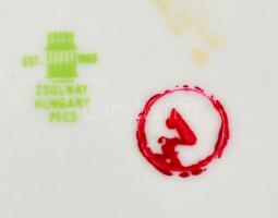 Zsolnay virágmintás porcelán leveses tál, teáskanna, süteményes tál, matricás, jelzett, kopásnyomokk...