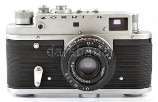 Zorkij-4 fényképezőgép, Industar-50 1:3,5 objektívvel, eredeti bőr tokjában, kissé akadó zárral, szé...