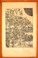 Bordás Ferenc (1911-1982): Gondolatok Dürerről. Rézkarc, papír-karton, foltos, jelzett, keretben, 43×29 cm