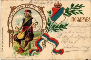 1900 Pozdrav! / Serbian man playing on gusle (one-string fiddle), Serbian folklore, traditional costumes, coat of arms, flag. Art Nouveau floral Emb. litho (fl)