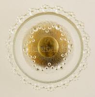 Kis talpas kínáló, réz talpazattal, formába öntött üveg tetővel, m:7,5 cm, d:16 cm