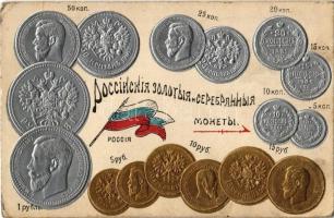 1915 Russia - set of Russian coins (Kopeks and Rubles), Russian flag. Emb. golden and silver litho + K.u.K. Inft. Rgt. No. 2. V. Feldbaon (EK)