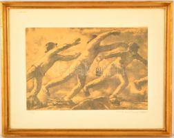 Barta Ernő (1878-1956): Menekülők 1925. Litográfia, papír, jelzett, üvegezett keretben, 20×29 cn