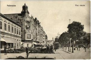 1915 Debrecen, Piac részlet, villamos, Tóth Gyula és Kontsek Korél üzlete