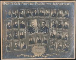 1922 Győr, M. Kir. Áll. Révai Miklós Főreáliskola tanárai és végzett diákjai, kistabló nevesített portrékkal, kartonra ragasztva, 19,5x24,5 cm
