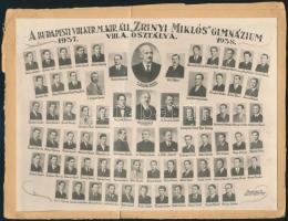 1938 Budapest, Zrínyi Miklós Gimnázium tanárai és végzett diákjai, kistabló nevesített portrékkal, kartonra ragasztva, törésnyom, 16,5x22 cm