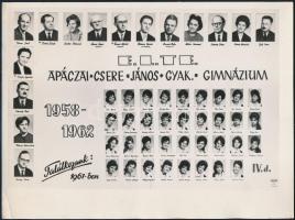 1962 Budapest, ELTE Apáczai Csere János Gyakorló Gimnázium tanárai és végzett diákjai, kistabló nevesített portrékkal, 18x24 cm