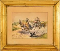 Kovács Antal (?-?): Vágtató lovasszekér. Akvarell-tus, papír, jelzett, üvegezett sérült keretben, 23×32 cm