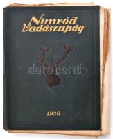 1923-1943 Nimród vadászlap 28 db szórványszáma (Mintegy mappaként), az 1936-os Nimród vadászújság aranyozott, festett, illusztrált egészvászon borítójában. Változó állapotban, közte szakadtakkal is.