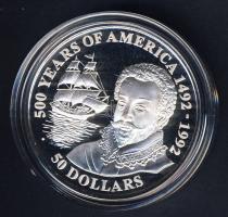 Cook szigetek 1990. 50$ Ag "Amerika 500 éve-Sir Francis Drake, hajó" T:PP
