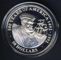 Cook szigetek 1990. 50$ Ag "Amerika 500 éve-Jacques Cartier, hajó" T:PP
