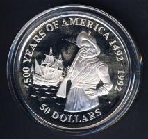 Cook szigetek 1990. 50$ Ag "Amerika 500 éve-Henry Hudson, hajó" T:PP