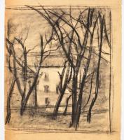 Szuly Angéla (1893-1976):Parkrészlet. Szén, papír, jelzés nélkül, hajtott, apró szakadással, 23×20 cm