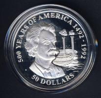 Cook szigetek 1990. 50$ Ag "Amerika 500 éve-Samuel Clemens, hajó" T:PP