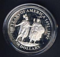 Cook szigetek 1990. 50$ Ag "Amerika 500 éve-Cortez és Montezuma" T:PP