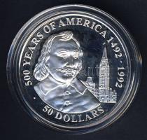 Cook szigetek 1990. 50$ Ag "Amerika 500 éve-Samuel de Champlain" T:PP