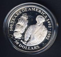Cook szigetek 1990. 50$ Ag "Amerika 500 éve-Sir Walter Raleigh, hajó" T:PP