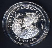 Cook szigetek 1991. 50$ Ag "Amerika 500 éve-Vasco Nunez de Balboa, hajó" T:PP