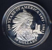Cook szigetek 1991. 50$ Ag "Amerika 500 éve-Ülő Bika" T:PP